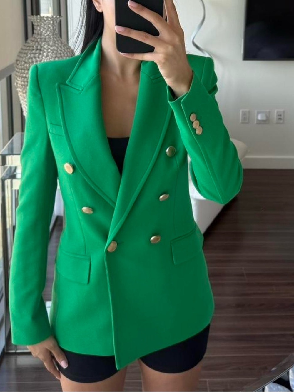 Zara Bright Green Double-Breasted Blazer with Gold Buttons